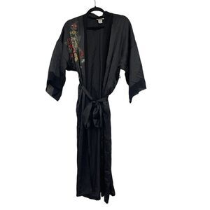Vintage 70s Miss Dior Womens Robe Small S Black Floral Polyester Kimono Sleeves